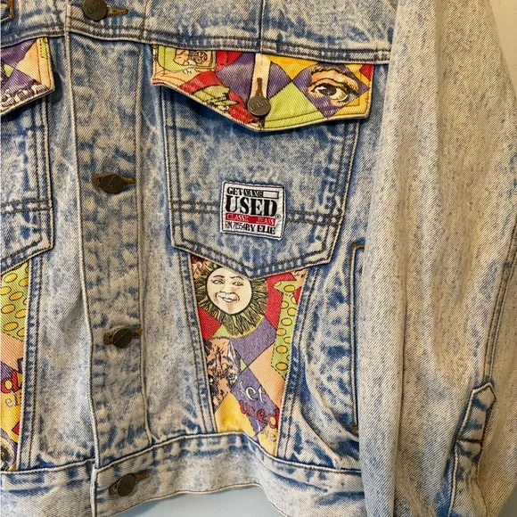 Get Used by Elie Vintage Denim Jacket with Colorful Patchwork, Size Small Womens